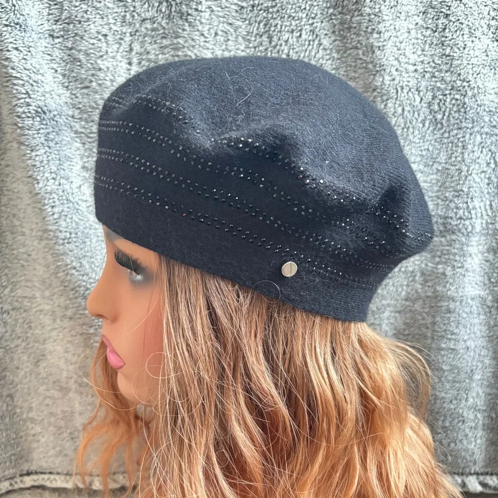 Jones New York Womens Beret OS Black Studded Wool Blend Hat Classic Glam 20249